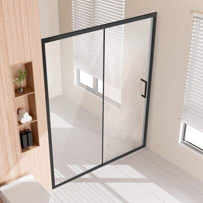 Semi-Frameless Shower Door, 57.7-59 W X 70 H In, Shower Sliding Glass Door With 1/4 In(6mm) Clear Tempered Glass, Waterproof Shatterproof Stainproof With Stainless Steel Hardware, Matte Black