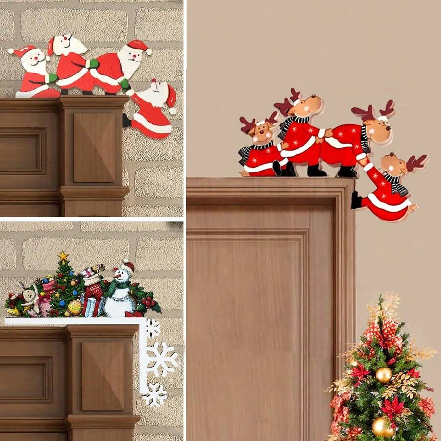 1 buc Decor interesant de Crăciun cu cadru de colț, sculptură decorativă vintage din lemn, decor de colț pentru ușă de sufragerie/birou, articole pentru petreceri de Crăciun