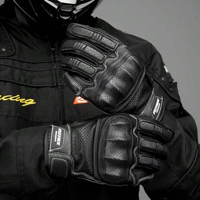 1双黑色复古真皮摩托车手套，男士摩托车骑行触屏越野赛车骑行手套，尺码M-XXL