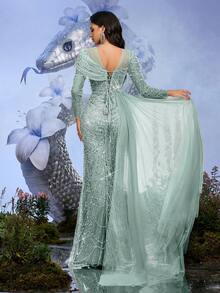 Elisanya 派对礼服香槟色亮片串珠长袖修身礼服适合晚宴、宴会、鸡尾酒会（大量装饰） - 薄荷藍 - 查看 3