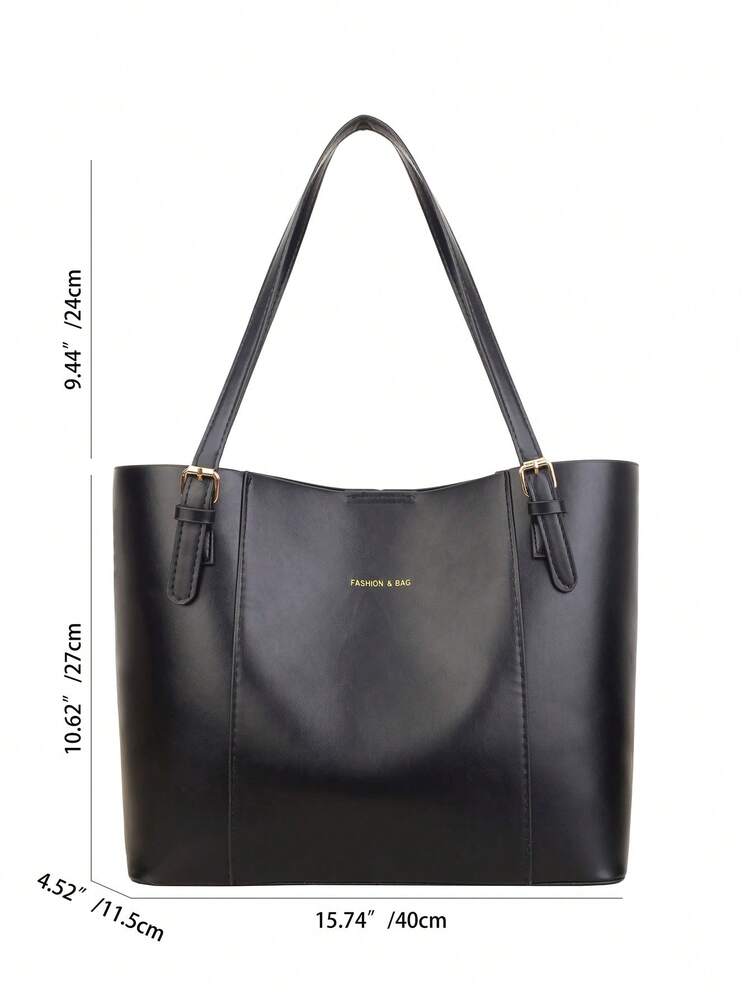 Bolso de tote de gran capacidad en color negro para mujeres, bolso de hombro minimalista de piel de PU con cierre de hebilla, bolso de trabajo y de uso diario adecuado para la oficina, la escuela y las compras - Negro - Añade 6