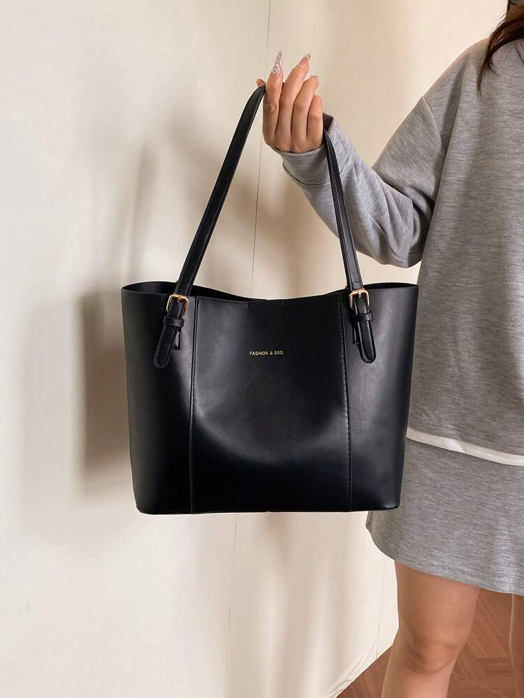 Bolso de tote de gran capacidad en color negro para mujeres, bolso de hombro minimalista de piel de PU con cierre de hebilla, bolso de trabajo y de uso diario adecuado para la oficina, la escuela y las compras - Negro - Añade 3