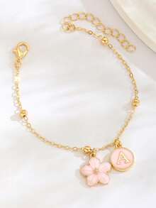 1pc Fashionable Floral & Letter Beaded Bracelet, Customizable Name, Suitable For Children, Beach, Daily Wear - Pink - View 4