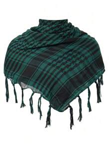 1 件女士时尚经典沙漠格子印花战术方形围巾，阿拉伯户外防晒防风男女通用围巾披肩带流苏，适合日常穿着和户外 - 黑與白 - 查看 20