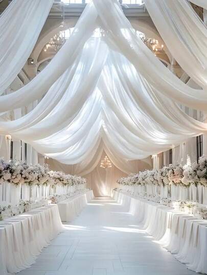1pc 393inch White Sheer Fabric Draping,Chiffon Ceiling Drapes,Romantic Wedding Ceremony Decor,Gauze Curtain Multi-Purpose Fabric,Outdoor Wedding Decor, Bridal Shower Decor, Wedding Reception Decor,Birthdays Party Decor,Background Yarn For Wedding Archway,Party Background Decoration