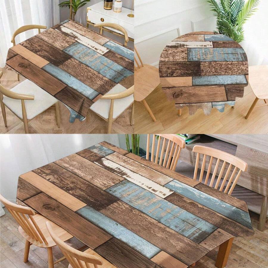 1pc Woodgrain Printed Tablecloth, Modern Polyester Rectangular/Round Waterproof Tablecloth, Digital Printing Suitable For Living Room, Outdoor Dining Table, Small Round Table - Black and White - View 1