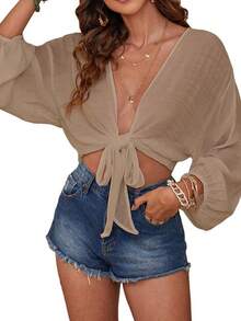 Bikini liso con camiseta de playa y camisa con lazos Pareo de playa estilo europeo y americano Camiseta de playa de color liso para mujer Blusas de Mujer - Caqui - Ver 1