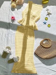 FOR BEAUTY 女士两件套，夏季新品，V领镂空蘑菇扣无袖开衫和半身裙，休闲时尚日常穿搭，纯色套装，适合毕业季和新年穿着 - 深杏 - 查看 3