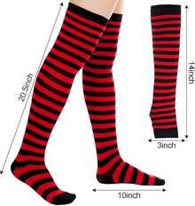 Tongcloud Women's Striped Knee High Socks, Over Knee Thigh High Socks, Arm Warmer And Fingerless Gloves SetHalloween Christmas New Year - 黑色和紅色 - 查看 5