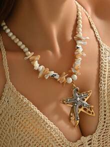 1pc Summer Beach Hawaiian Style White Turquoise Double Layer Asymmetrical Hollow Starfish Pendant Necklace, Exaggerated Design Turquoise Beaded Boho Chic Starfish Necklace For Women, Suitable For Daily Wear And Vacation - White - View 2