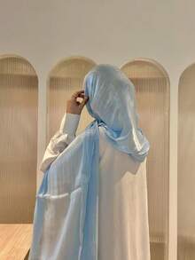 1pc Women's Basic Solid Color Silk-Like Elegant Shiny Soft Headscarf, Arabian Casual Long Scarf, Conservative Plain Headwrap, Suitable For Daily Use, SHIMMER HIJAB For Dress - Baby Blue - View 3