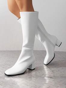 Women's Square Toe Knee-High Boots Block Chunky Heels And Zip Closure Festival Party Gogo Boots For Fall And Winter - 白色 - 查看 3