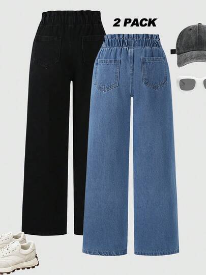 2pcs/Set Girls' Fashion Casual Minimalist Comfortable Classic Black And Blue Denim Straight Leg Pants Spring/Summer New Arrival