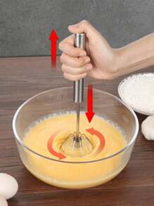1pc Easy Manual Egg Beater Stainless Steel Hand Whisk, Semi-Automatic Press & Rotate For Home Kitchen, Suitable For Eggs, Milk, Dough Mixing