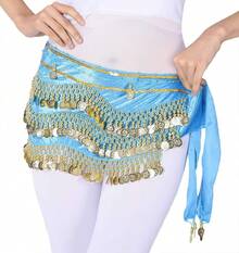 248 Coins Belly Dance Scarf Belt Halloween Costume Accessory - Màu xanh lam (tiền vàng) - Xem 2