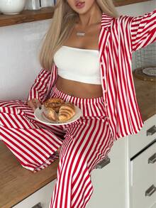女士宽松纽扣条纹长袖上衣和松紧腰裤家居服套装（2件套），冬季服装 - 紅白色 - 查看 3