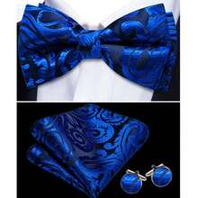 Blue Pattern Bow Ties Pretied Mens Bow Ties Hanky Cufflinks 3pc/Set  Formal Wedding Party Gift Office Bussiness - Xanh đậm - Xem 1