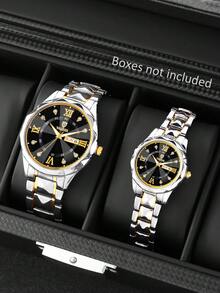 两只不锈钢情侣手表，合金表带和表盘，双日历日期显示，镶钻石英腕表，情人节礼物 - 彩色 - 查看 3