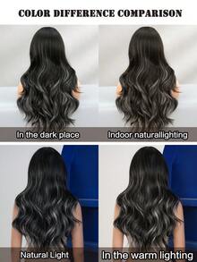 24 Inch Long Wavy Black White Highlight Wig With Curtain Bangs For Women Heat Resistant Fiber Hairpiece,Natural Synthetic Full Machine Hair Wigs For Daily Music Festival Party Wear, Cosplay Halloween & Street Photography Use - 挑染白色 - 查看 7