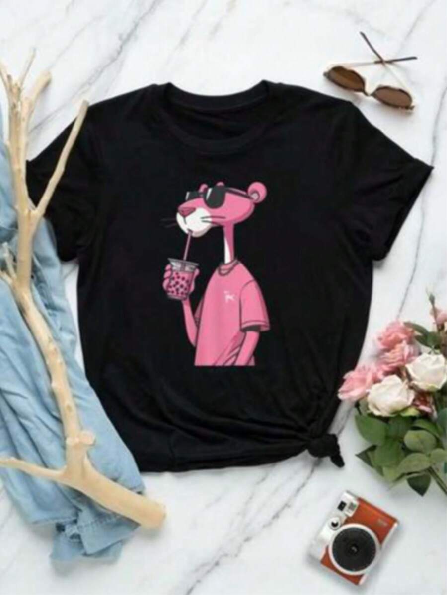 Blusa casual para mujer de moda con cuello redondo, manga corta y estampado de pantera rosa, bebida - Negro - Ver 1