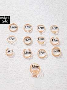 13 件百搭时尚小众设计蝴蝶、树叶、几何多元素组合开口戒指套装，适合所有场合，理想的礼物 - 金色 - 查看 2