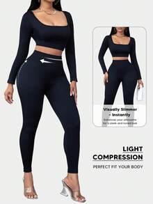 2pcs Women Solid Color Long Sleeve Top And Slim Fit Pants Set, Spring Autumn - Black - View 3