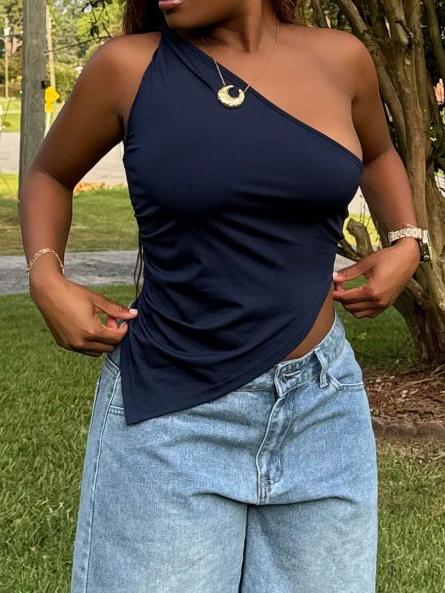 Tyla Gomez 情人节勃艮第红扭纹单肩上衣女士优雅修身上衣 - 寶藍色 - 查看 1