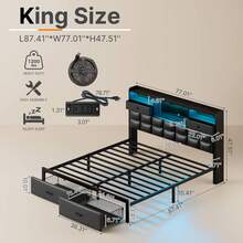 GREENSTELL Modern Upholstered Bed Frame ,Twin/Full/King/Queen Size Bed Frame ,With Storage Drawers & USB Charging Station , Storage Upholstered Headboard X LED Lights ,Duty Metal Slats ,Noise-Free,Easy Assembly - 黑色 - 查看 8