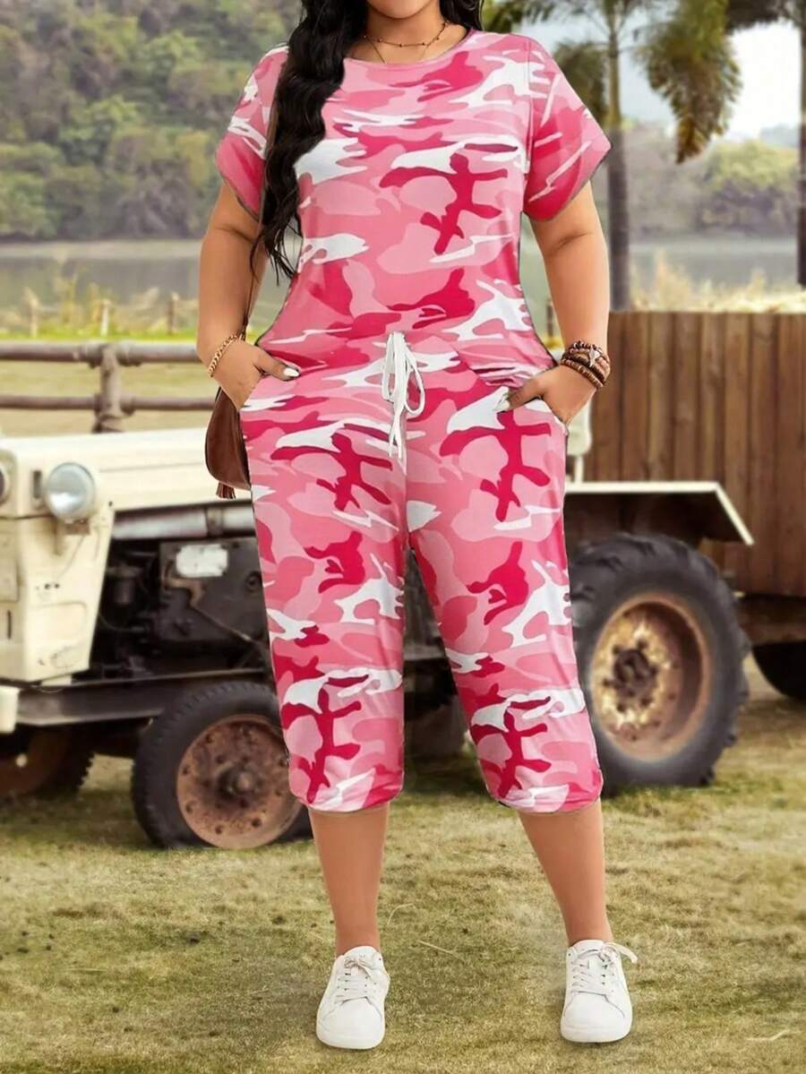Plus Size - Plus Size Women'S Fashion Two-Piece Suit, Camouflage Print Round Neck T-Shirt And Cropped Pants Set, Camouflage Casual Two-Piece Suit - 淺粉色 - 查看 1