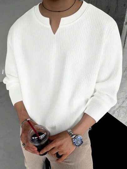 男士V领条纹针织衫，长袖T恤，针织面料，休闲风格，优雅复古风，V领亨利领设计，简约设计，细节之处尽显匠心