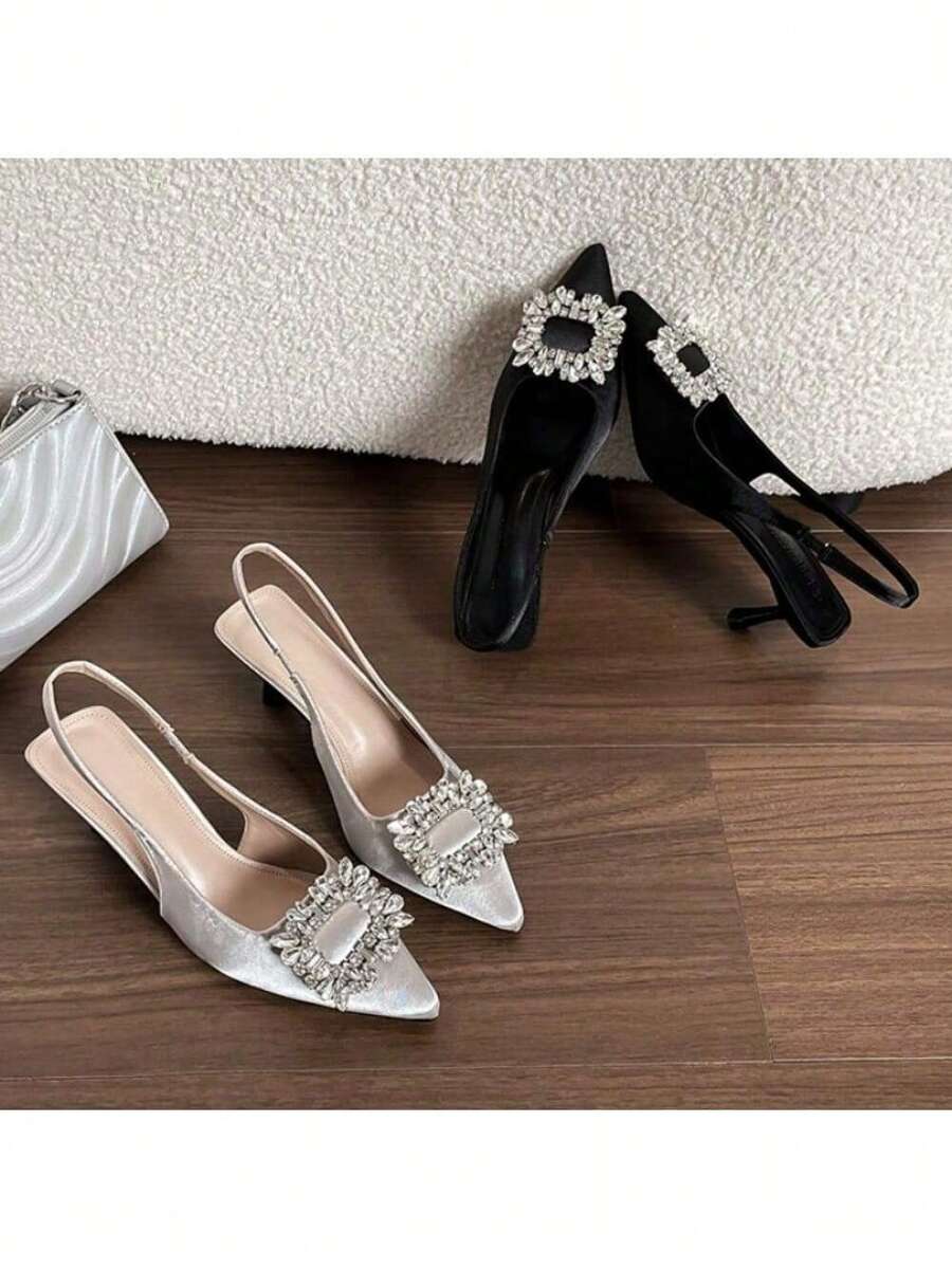 Black Pointed High-Heeled Single-Layer Shoes Square Buckle Rhinestones Baotou Sandals Women 2025 Summer New Style Thin Heels With Skirt