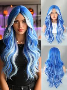 24 Inch Long Wavy Blue Grey Highlight Wig With Curtain Bangs For Women Heat Resistant Fiber Hairpiece,Natural Synthetic Full Machine Hair Wigs For Daily Music Festival Party Wear, Cosplay Halloween & Street Photography Use - 挑染藍色 - 查看 2