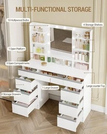 HEXCELEN Large Dressing Table With LED Lighting, 10 LED Light Balls, 3 Colors, Adjustable Brightness, Dressing Table With Mirror, 9 Drawers, 9 Open Shelves, Modern Style, White-Silver - Phích cắm loại C của EU (220-240V) - Xem 5