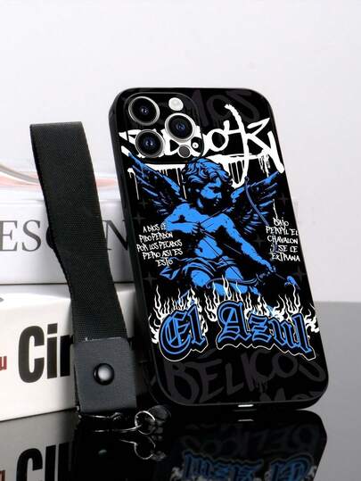 1 个黑色 TPU 天使与字母背景防震手机壳和 1 个黑色挂绳，适用于 /Android///OPPO 手机