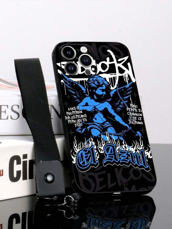 1 pieza Funda de teléfono a prueba de golpes con fondo de ángel y letras en TPU negro y 1 pieza Correa de cordón negro, compatible con iPhone/Android/OPPO