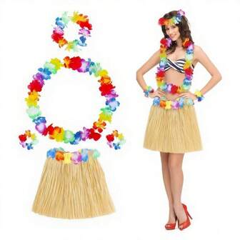 5-Piece Hawaiian Grass Skirt Wreath Set, Summer Beach Party Celebration, Ball Dress Up Hawaiian Costume Personal Garland Grass Skirt Party Decoration Flower Necklace, Headband, And Wristband, Carnival, Christmas, Summer, Hawaiian Party, Grass Skirt, Wreath