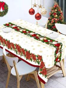 1 buc. Față de masă de unică folosință de Crăciun 220x130cm, model de bile de Crăciun Poinsettia, față de masă festivă din plastic pentru petreceri în interior/exterior, evenimente, decor de petrecere de Crăciun 2025, acasă, bucătărie, sufragerie, decorațiuni sezoniere pentru masă, decor de casă, decor de casă