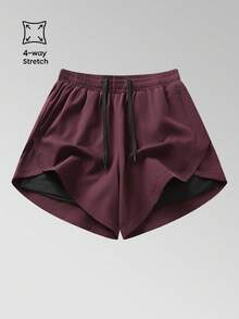 1pc Women's Shorts, 2-In-1 Solid Color Lining 2 In 1 Sports Pants, Elastic Two Pieces Set, Suitable For Running, Sports, Yoga, Fitness In Summer - Burgundy - View 2