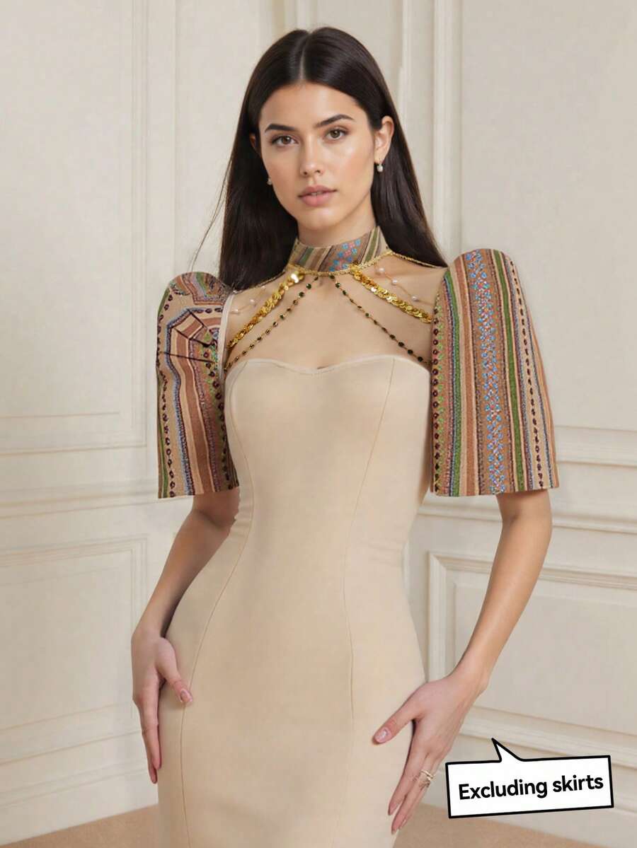 Amyenjoylife 现代菲律宾风蝴蝶袖可拆卸袖时尚优雅女士露肩上衣，菲律宾风短披肩（不含裙子） - 黃色 - 查看 1