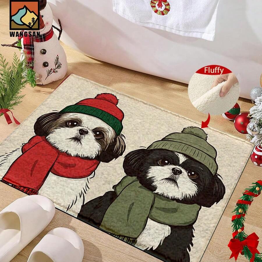 1set/1pc/2pcs Christmas Puppy Pattern Printed Cap Anti-Slip Door Mat, Super Fiber Anti-Slip Door Mat, Suitable For Holiday Party Decoration, Kitchen, Bathroom, Dining Room, Bedroom, Can Be Given As A Christmas Gift