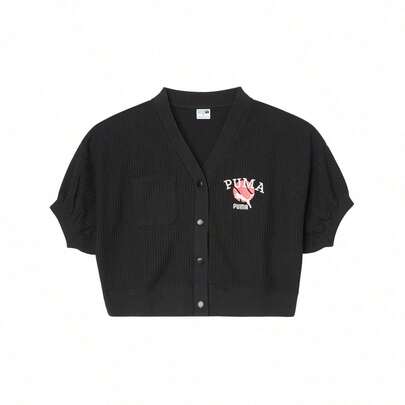 Puma Women's V-Neck Short Sleeve Knit Cardigan, Casual Top