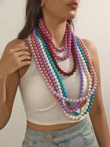 1pc Bohemian Style Acrylic Bead & Geometric Pattern Long Necklace For Women, Handmade, Suitable For Layering, Summer Beach Wear, Holiday Gift, Daily Use - Long Beaded Necklace - View 3