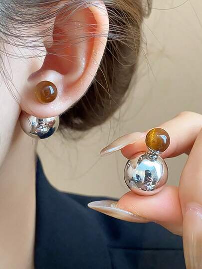 1 Pair Vintage Tiger Eye Stone Front & Back Wear Earrings, French Chic Earrings, Niche Luxury High-End Jewelry For Women