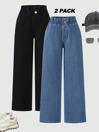 2 Pairs Girls Casual Classic Black & Blue Denim Straight Leg Pants, Comfortable & Fashionable, Autumn/Winter New Arrival