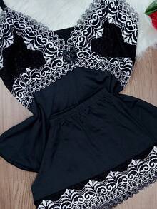 Short Doll Women's Pajama Set/ Two-Tone Lace - Black and White - View 2
