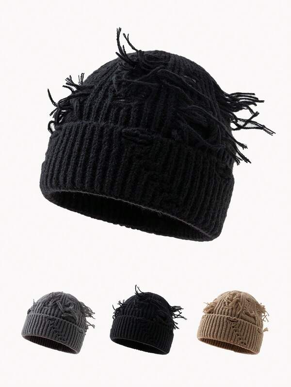 1pc Men's European & American Fashion Solid Color Tassel Distressed Knit Beanie Hat, Warm & Cold-Proof For Autumn/Winter Outdoor Wear And Travel