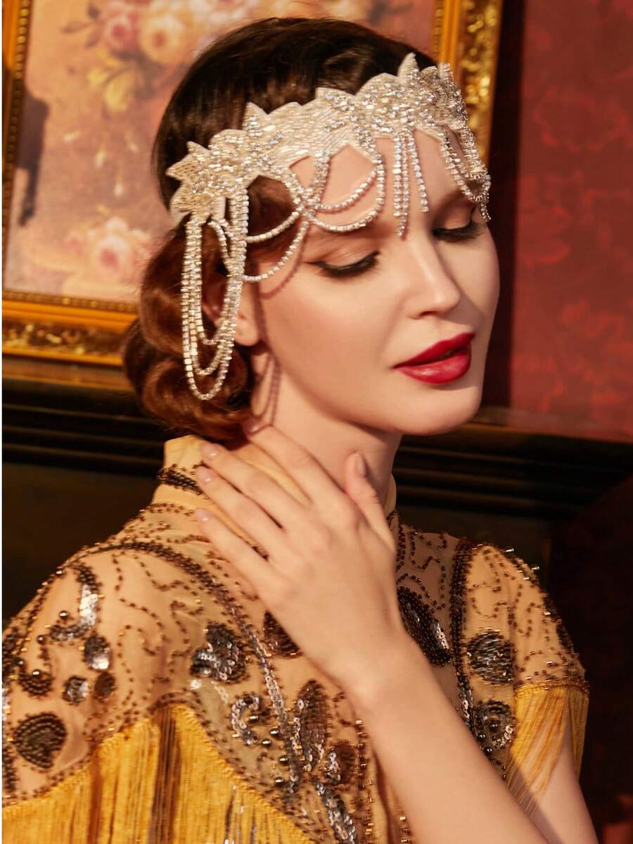 BABEYOND 1920s Flapper Headpiece Roaring 20s Headband Great Gatsby Headband Chain For Women Vintage Hair Accessory - trắng - Xem 1