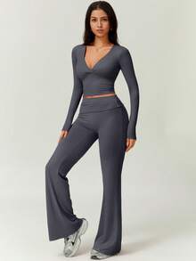 NcmRyu 1 Set Women Comfortable Casual Solid Color Loose Straight Leg Relaxed Fit Workout Running Outdoor Long Sleeve Top And Pants Sports Suit Spring - 灰色 - 查看 8