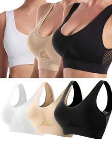 3 piezas de sujetadores deportivos transpirables para yoga, correr y ropa deportiva, sujetador deportivo de mujer, camisetas de fitness cómodas - Negro+blanco+beige - Ver 2