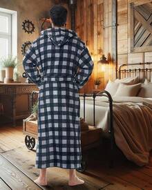 Mens Robe With Hood, Plush Fleece Hooded Mens Bathrobe, Big And Tall Bath Robe For Menhalloween - Gray Buffalo Check - View 3